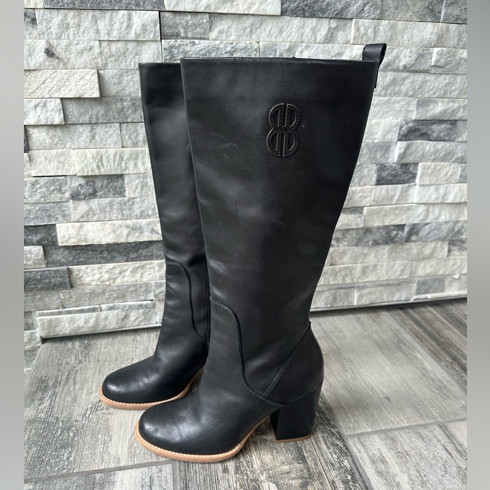 Bill Blass Anthropologie Black Monogram Leather Knee High Block Heel Boots 8.5 - Picture 5 of 12